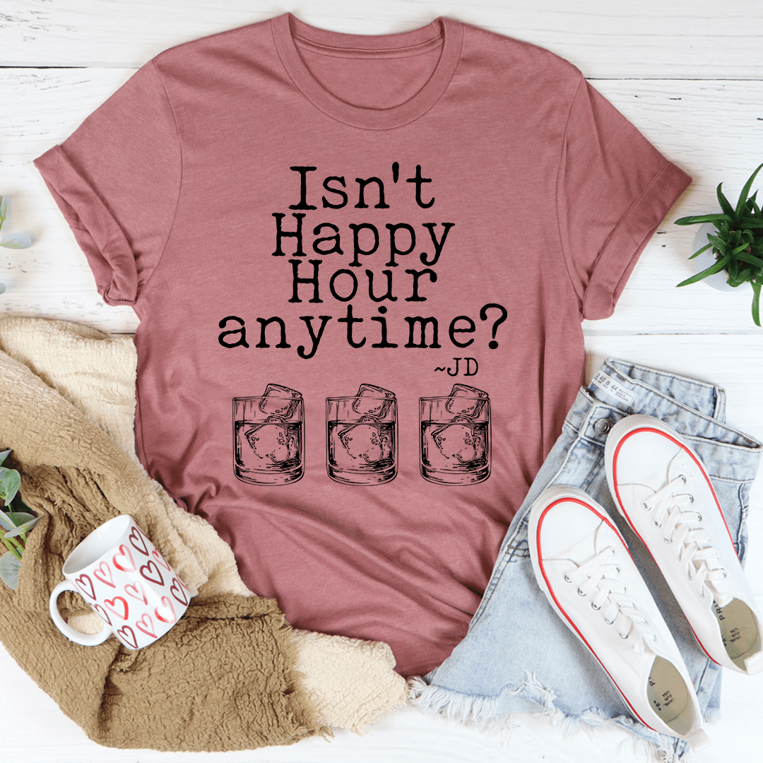 Mauve graphic T-shirt with 'Isn't Happy Hour anytime?' and three drink jar prints