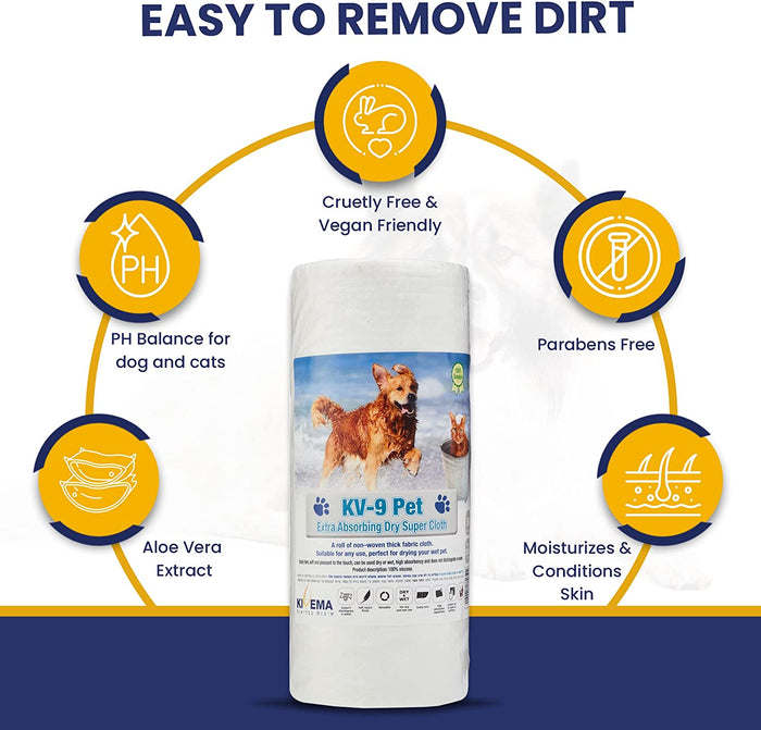 White roll of absorbent pet dry cloth wipes with feature badges around