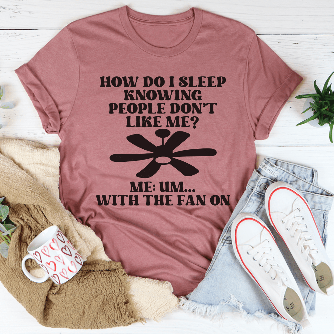 Mauve crewneck T-shirt with fan graphic and bold stacked text, short sleeves