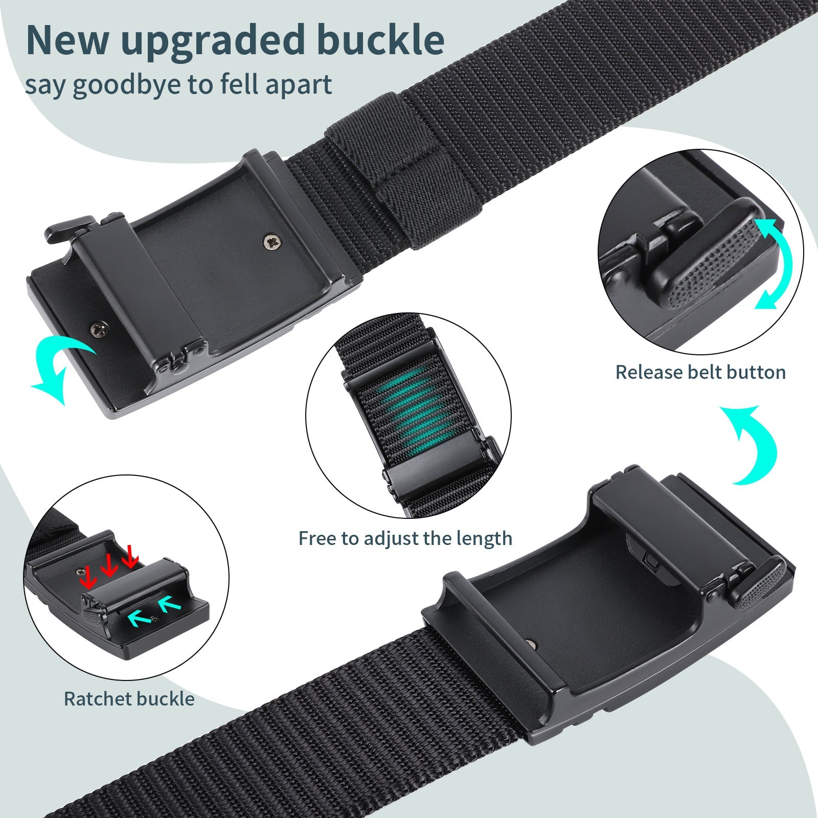 Black nylon ratchet belt with automatic slide buckle and release button, adjustment detail