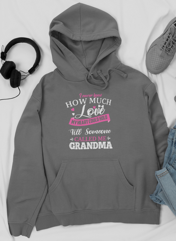 Dark heather pullover hoodie with kangaroo pocket, hood drawstrings, and Grandma text