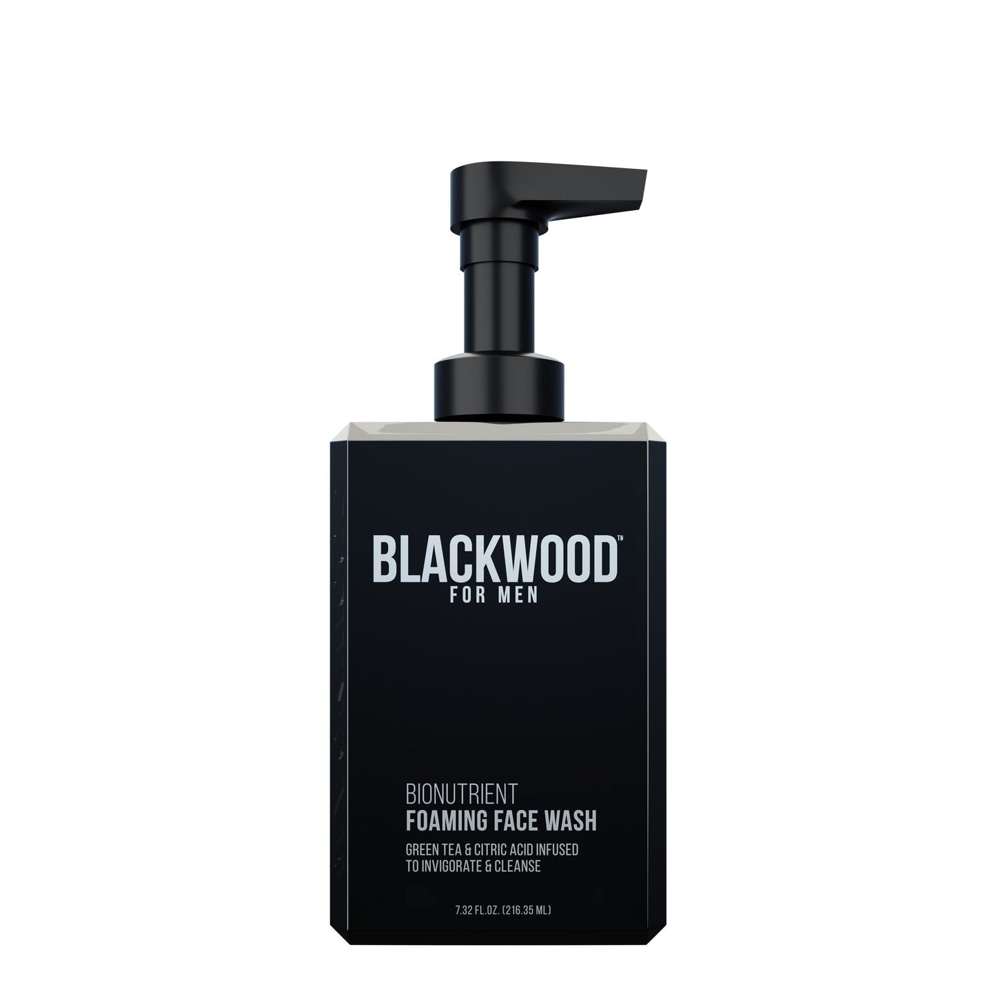 Blackwood for Men foaming face wash bottle with pump, black front label
