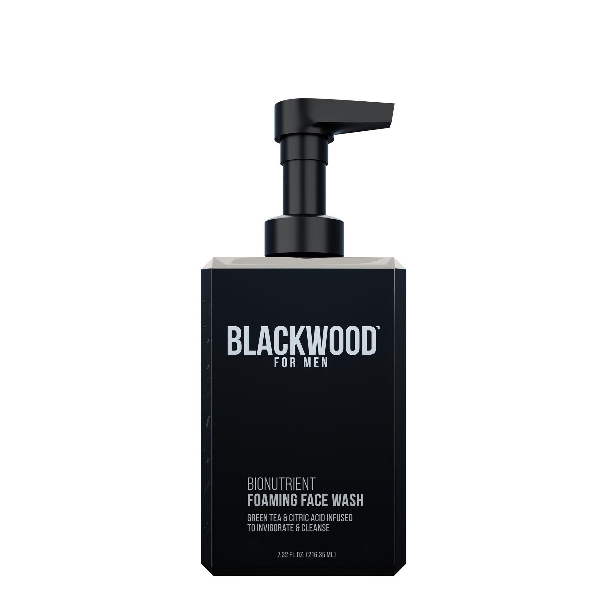 Blackwood for Men foaming face wash bottle with pump, black front label