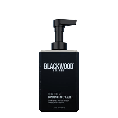 Blackwood for Men foaming face wash bottle with pump, black front label