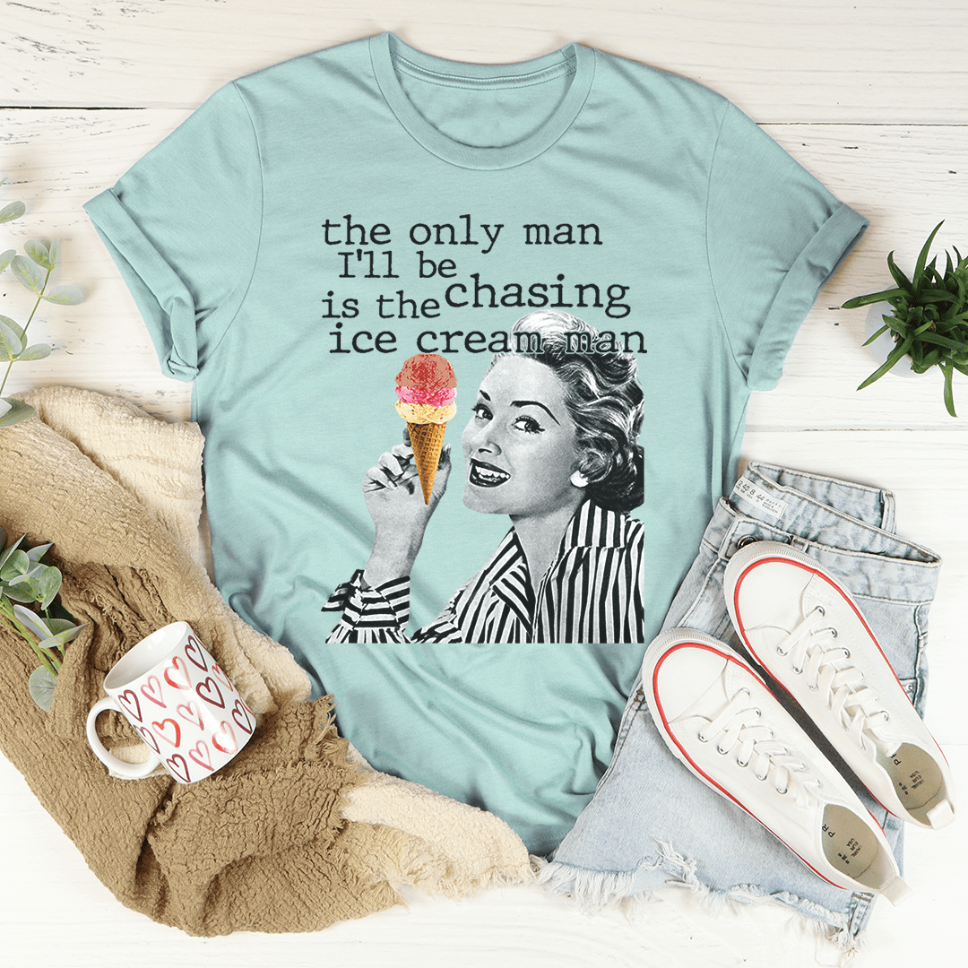 Heather blue crewneck T-shirt with ice cream cone and illustrated woman graphic