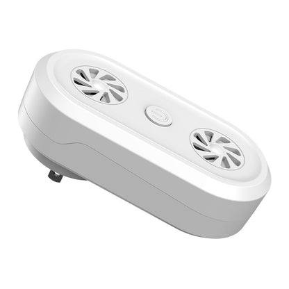 Ultrasonic pest repellent unit with two circular vent grilles, white housing and power button.
