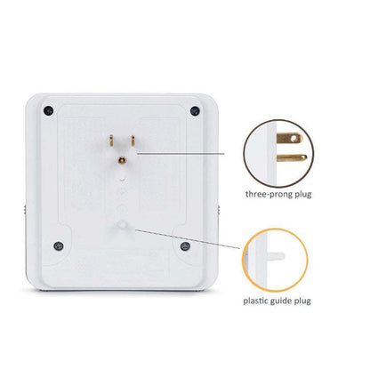 White wall adapter back view with screws, three-prong plug, and plastic guide plug