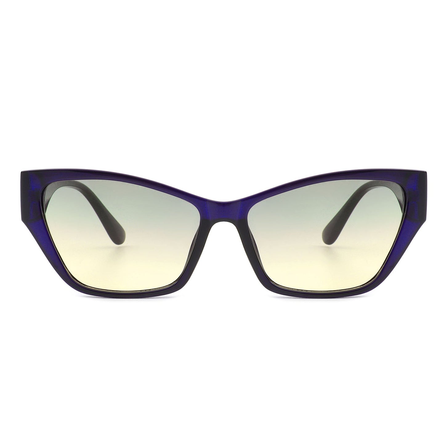 Square retro cat-eye sunglasses, deep purple frame, pale green tinted lenses, front view