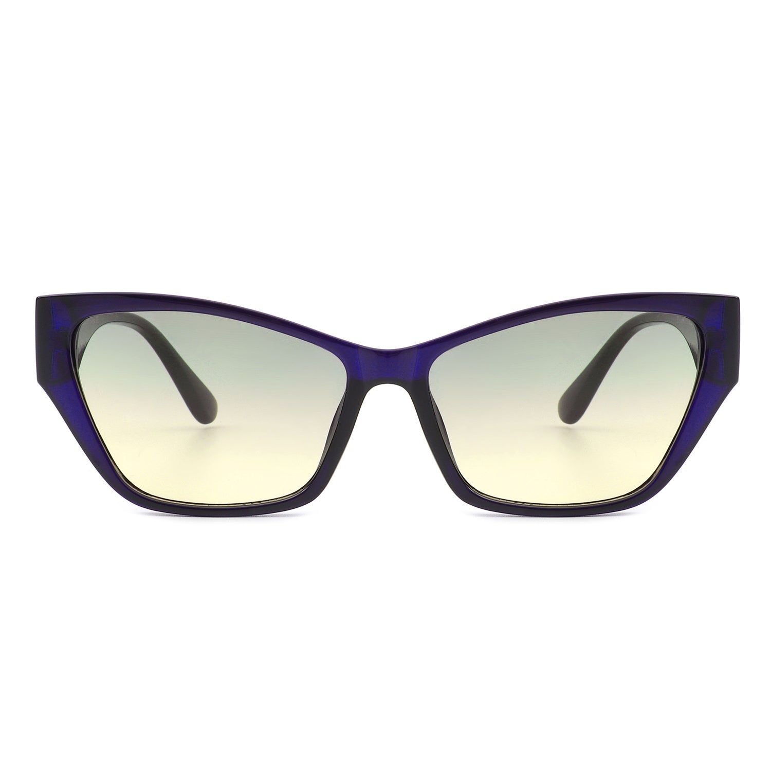 Square retro cat-eye sunglasses, deep purple frame, pale green tinted lenses, front view