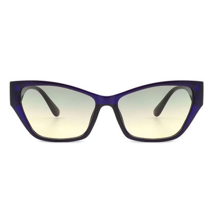Square retro cat-eye sunglasses, deep purple frame, pale green tinted lenses, front view