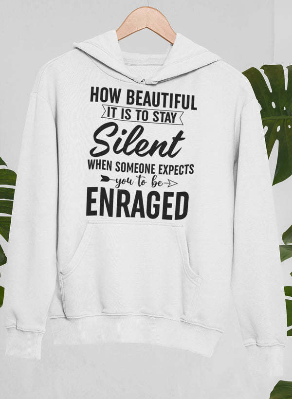 White hoodie with front kangaroo pocket and large typographic statement graphic on chest.