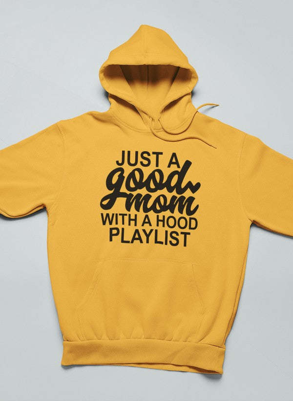 Mustard yellow pullover hoodie with large chest logo text and drawstring hood