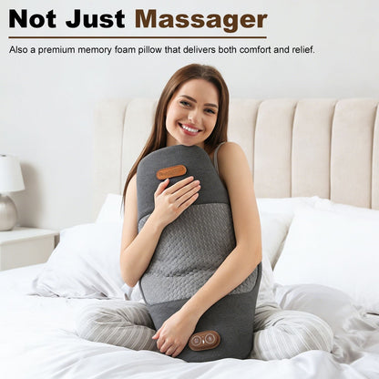 Dark grey lumbar massager pillow with side control panel and top button
