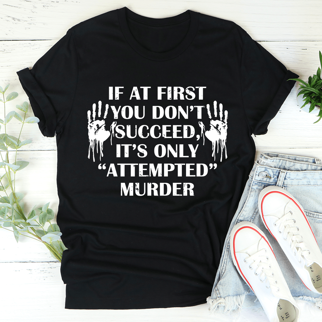 Black graphic T-shirt with white typographic quote, crew neck short sleeves.