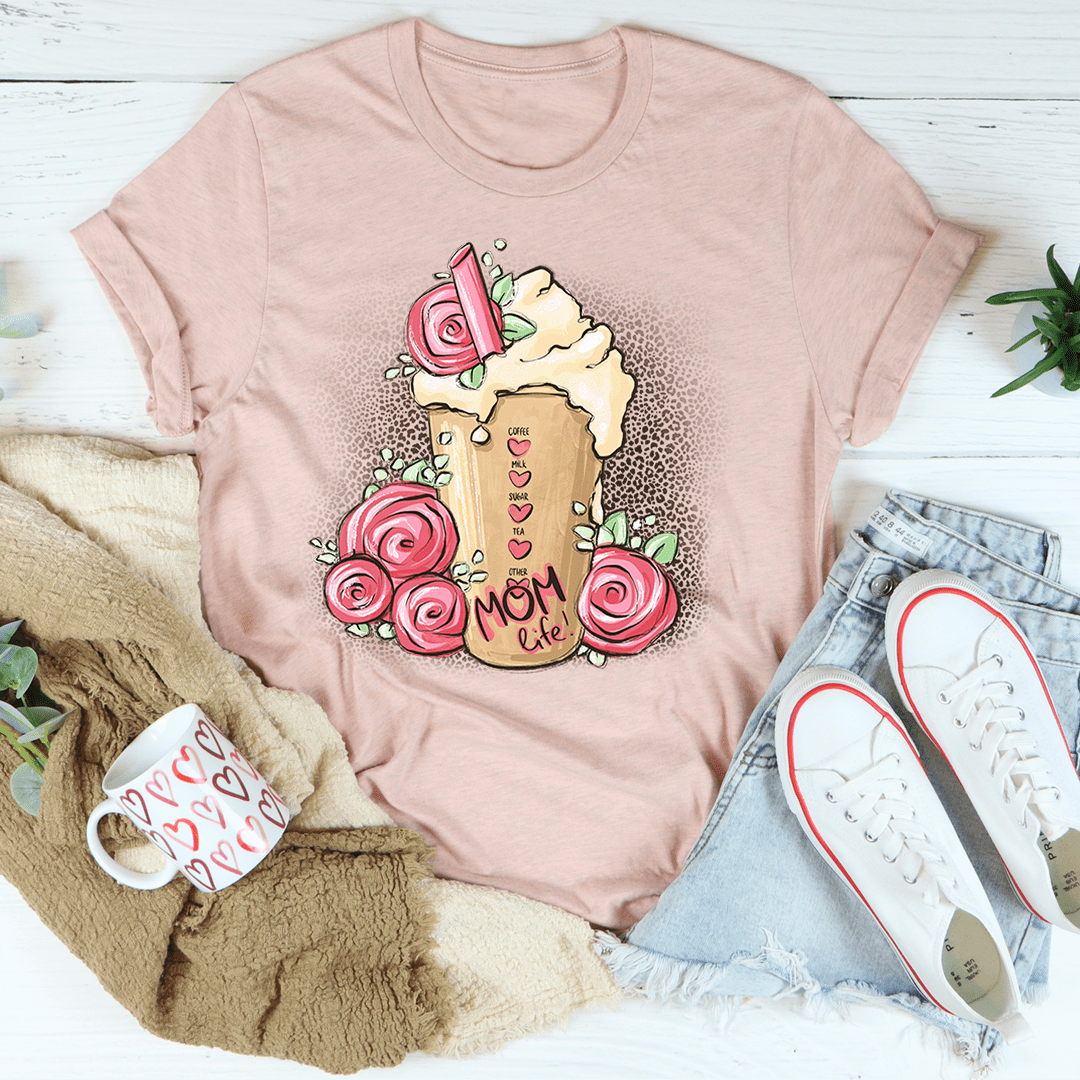 Dusty pink T-shirt with illustrated cookie, pink roses, and heart 'Mom' graphic