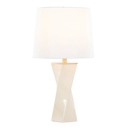 Curvo Square Contemporary 27" Ceramic Table Lamp in Cream Ceramic, Gold Metal, and White Linen by