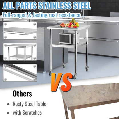 VEVOR Stainless Steel Prep Table, 24 x 24 x 36 Inch, 600lbs Load Capacity Heavy Duty Metal Worktable with Adjustable Undershelf & Universal Wheels, Commercial Workstation for Kitchen Garage Backyard