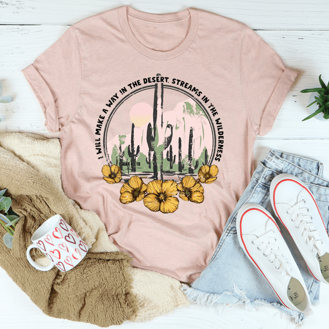 Peach graphic cactus desert T-shirt with yellow flower screen print
