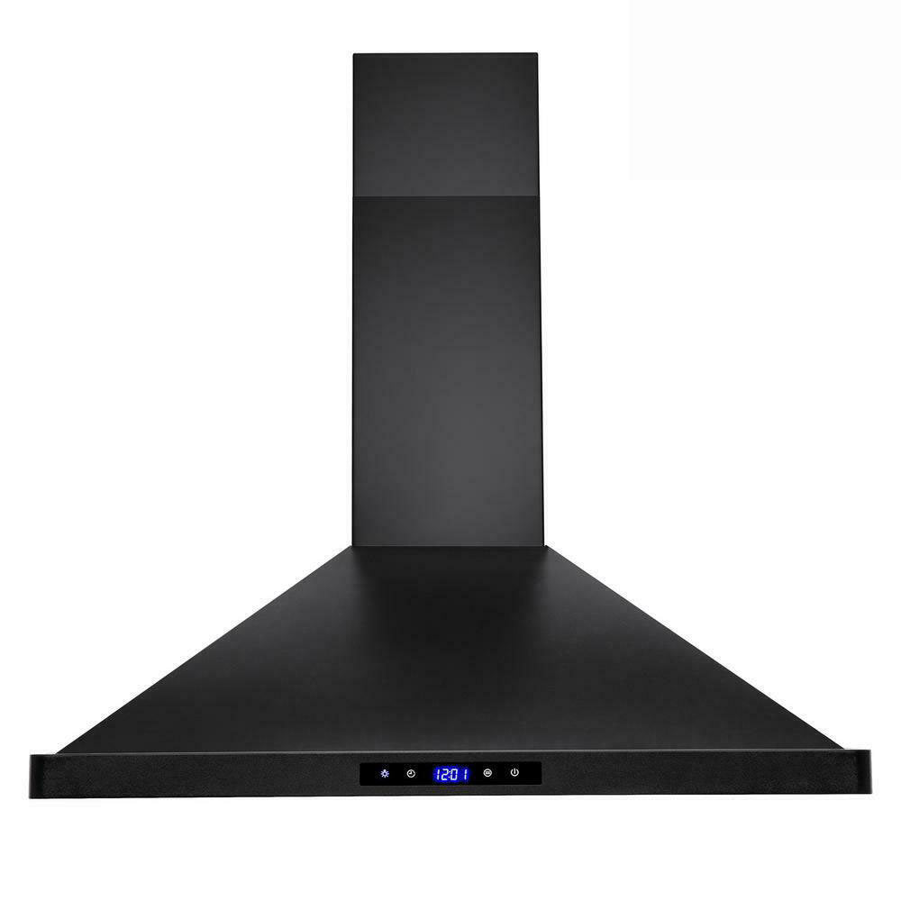 Black wall mount range hood with vertical chimney and wide angled canopy