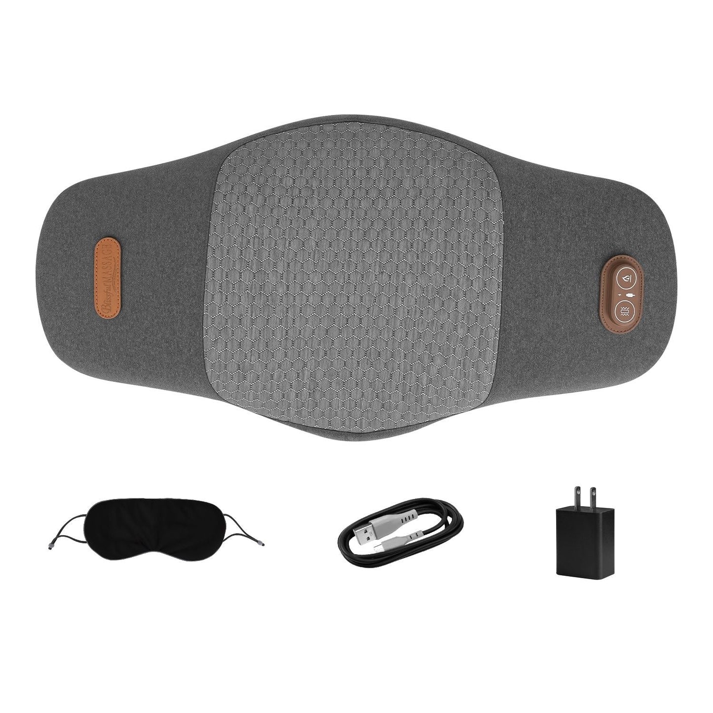 Dark grey lumbar massager pillow with remote, cable and power adapter accessories