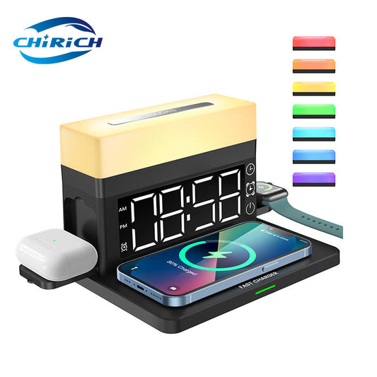 Wireless charging station with digital clock display, phone pad, earbud dock, and watch band