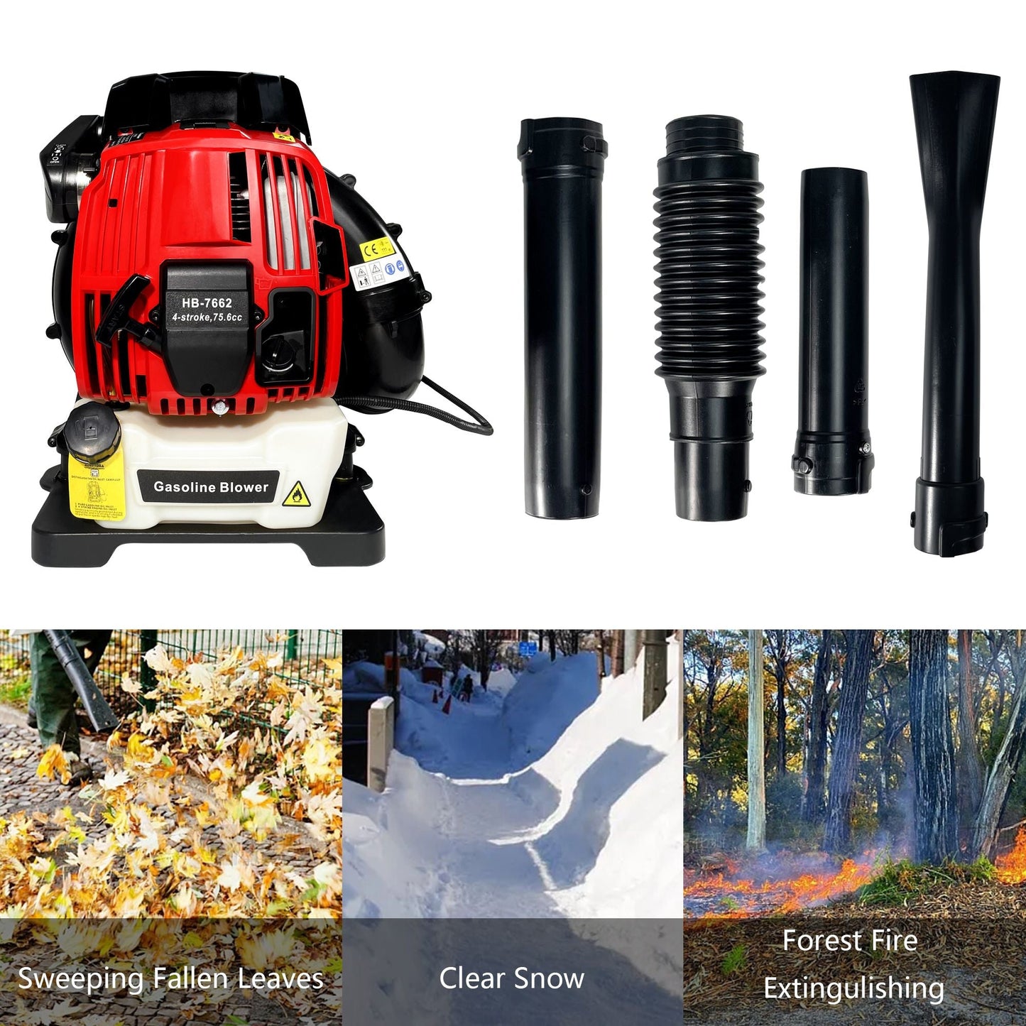 Gas backpack leaf blower with red engine unit and interchangeable black blower tubes