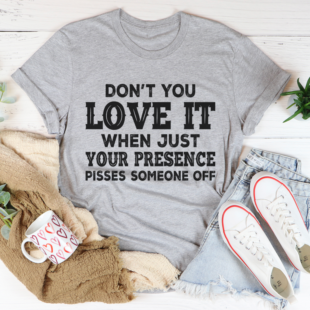 Gray crewneck T-shirt with bold front text graphic