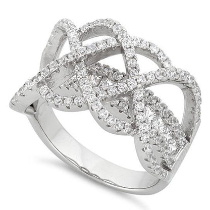 Double infinity CZ ring close-up angle, silver-tone metal with shiny micro-set stones