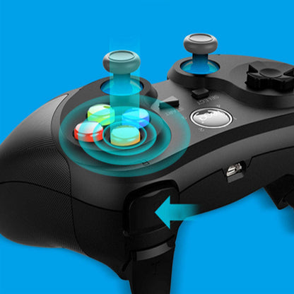 Black ipega game controller showing glowing buttons with blue light effects on controls