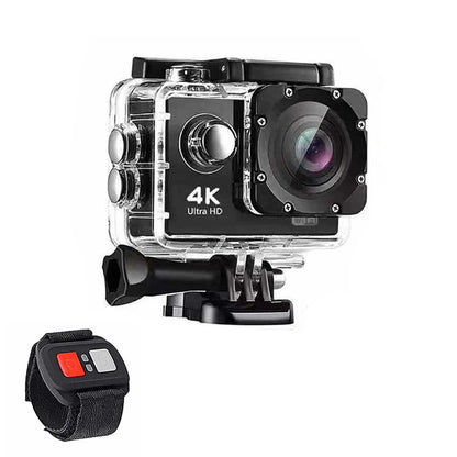 4K action camera in clear waterproof housing with wrist remote and mounting bracket