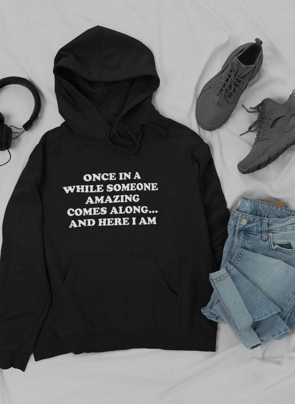 Black pullover hoodie with hood, drawstring, and front pouch pocket; black graphic print