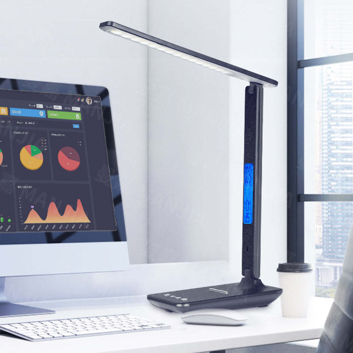 3-in-1 desk lamp with illuminated blue side display and adjustable light arm