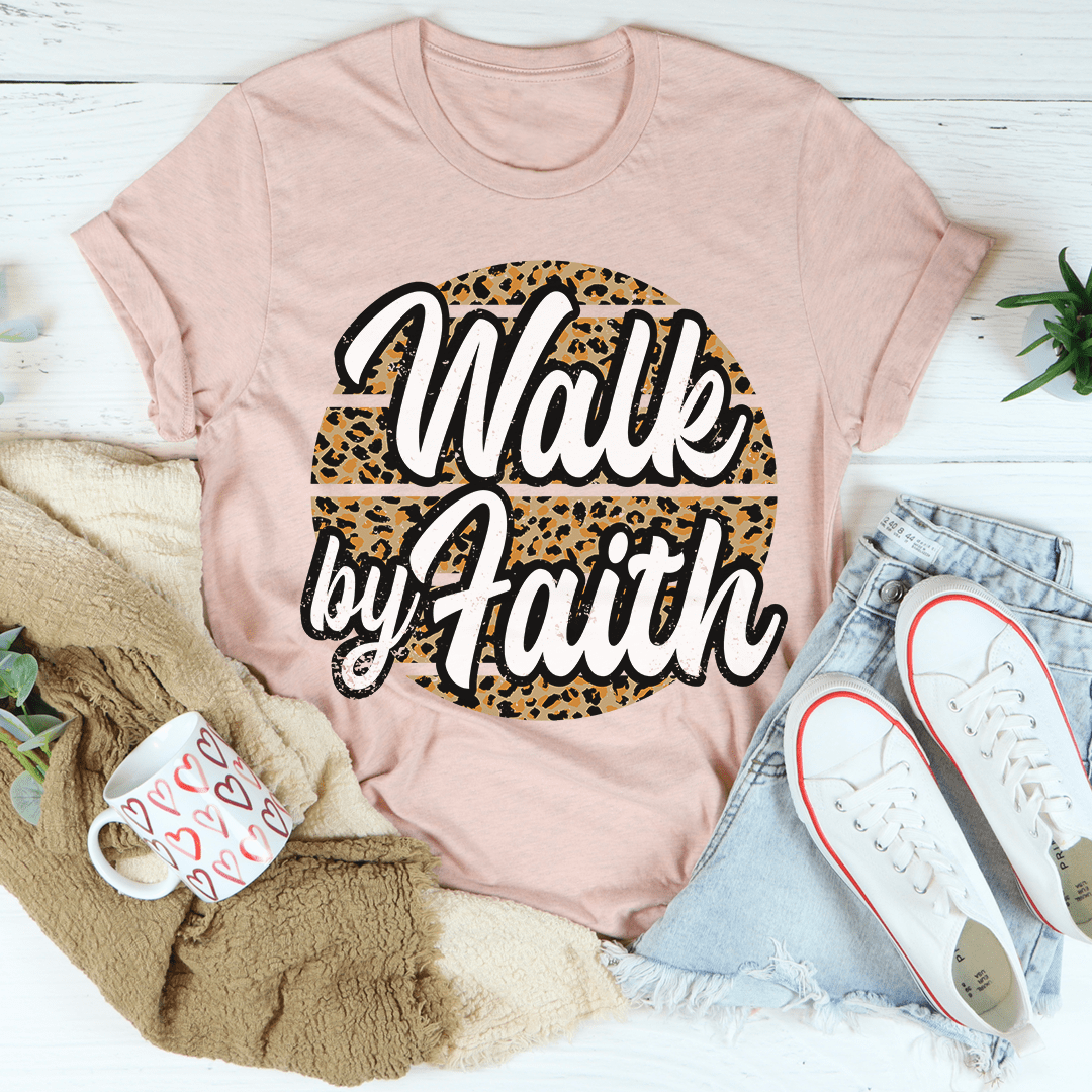 Soft pink T-shirt with leopard “Walk by Faith” front graphic, crew neck