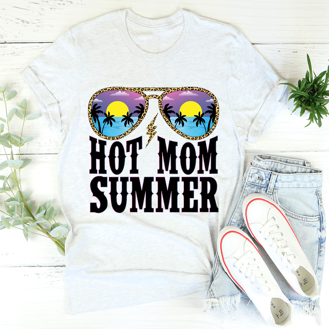 White crewneck t-shirt with graphic sunglasses and 'HOT MOM SUMMER' text