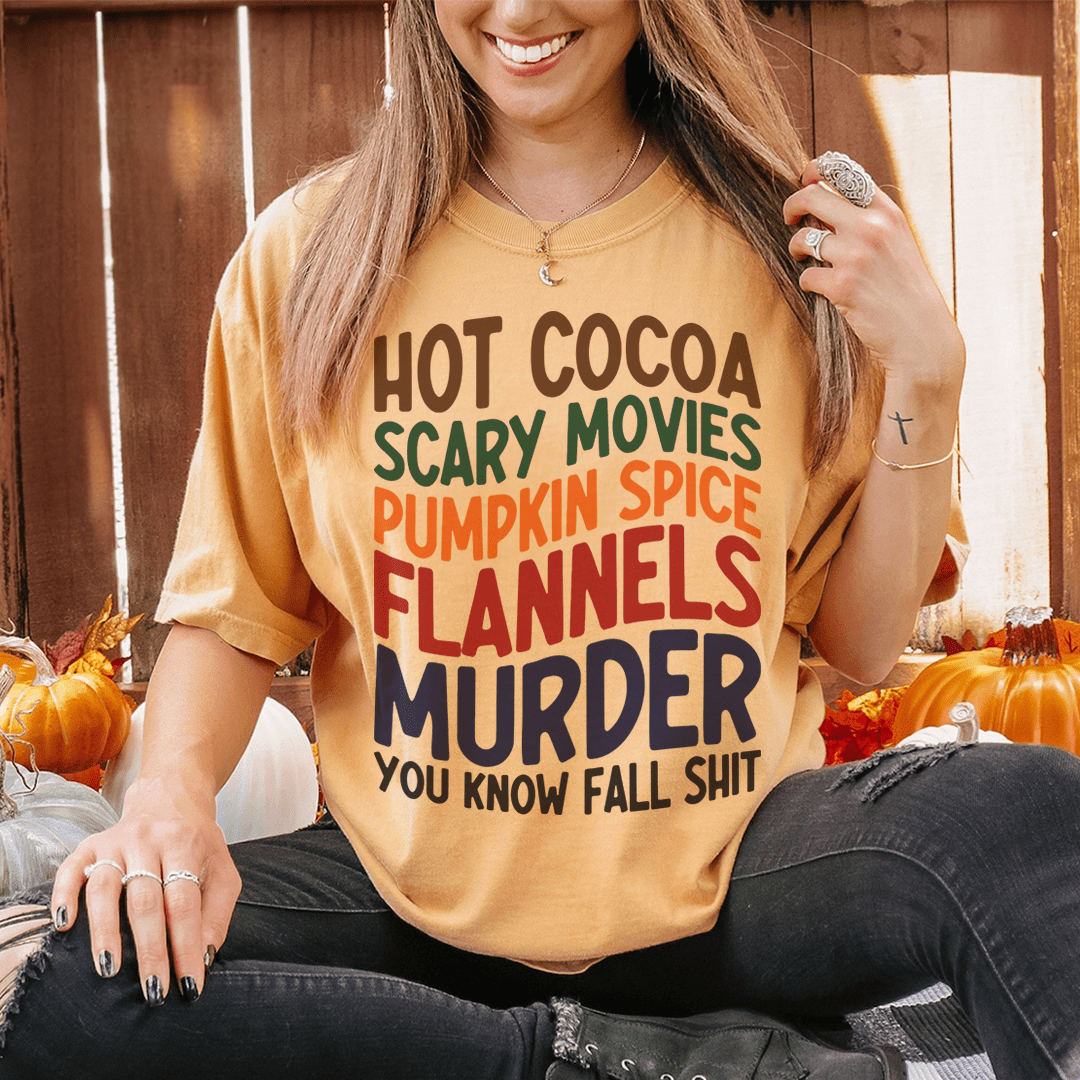Mustard tan crewneck T-shirt with colorful fall quote graphic centered