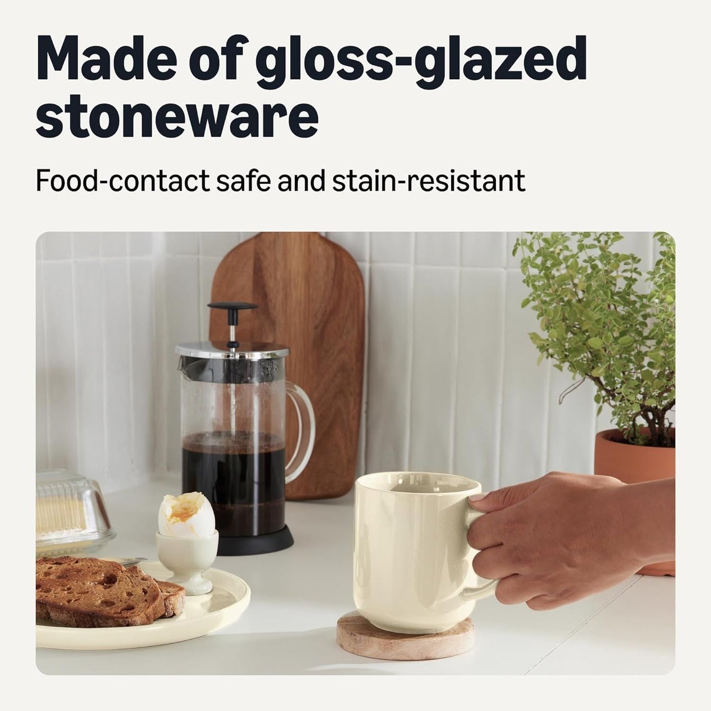 Basics Glazed Stoneware Coffee Mugs, Ceramic 4-Piece Set, 16 oz, Microwave and Dishwasher-Safe, Ivory