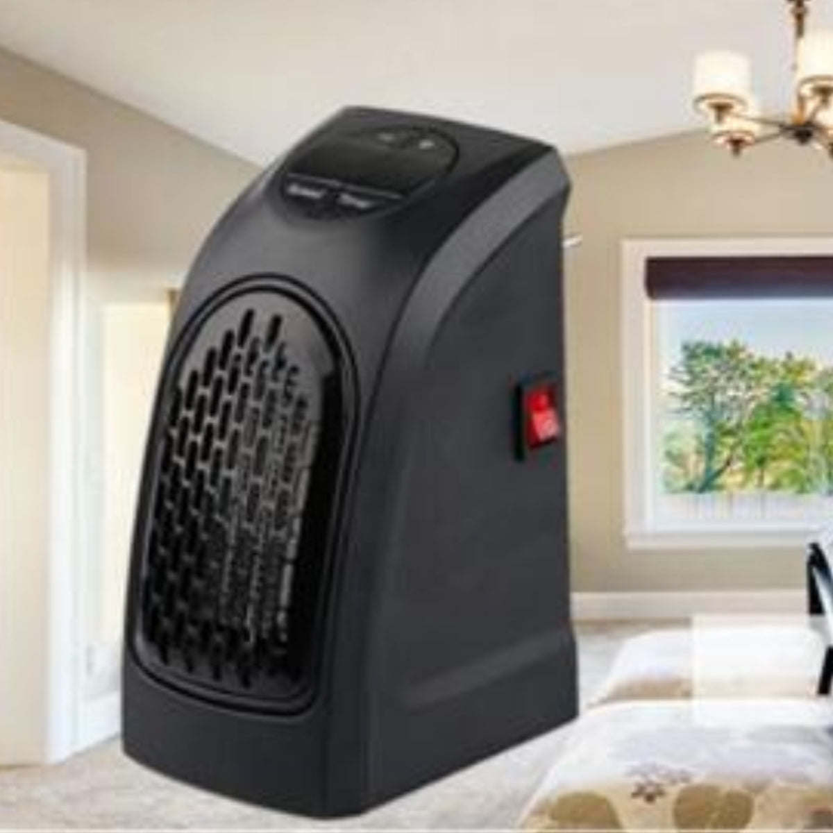 Cool-touch digital space heater with side control panel and red power switch