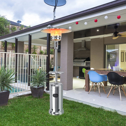 Silver standing propane patio heater with round burner head and cylindrical base