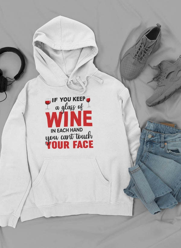 White pullover hoodie with kangaroo pocket and drawstring, wine graphic on chest
