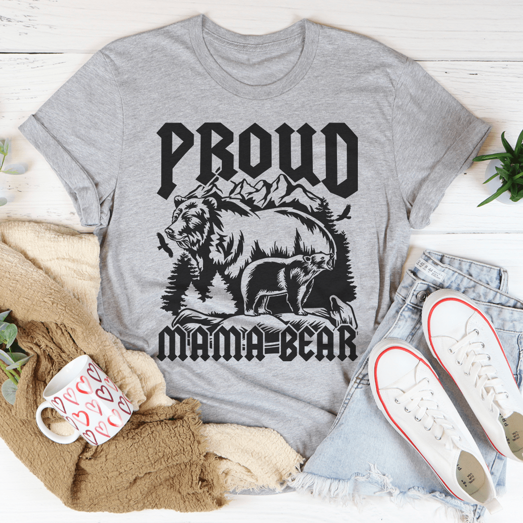 Heather gray short-sleeve t-shirt showing Proud Mama Bear bear design on front