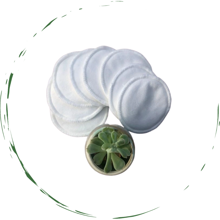 Light blue round reusable facial pads, soft stack of cloth circles.