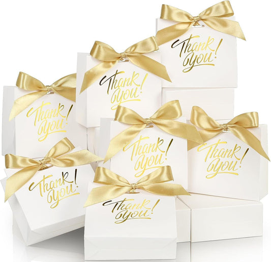 Small Gift Bags, 25 Pack 4.5x1.8x3.9 Inches Thank You Bags White Kraft Paper Gift Bag with Bow Ribbon, Perfect for Birthday, Wedding, Baby Shower