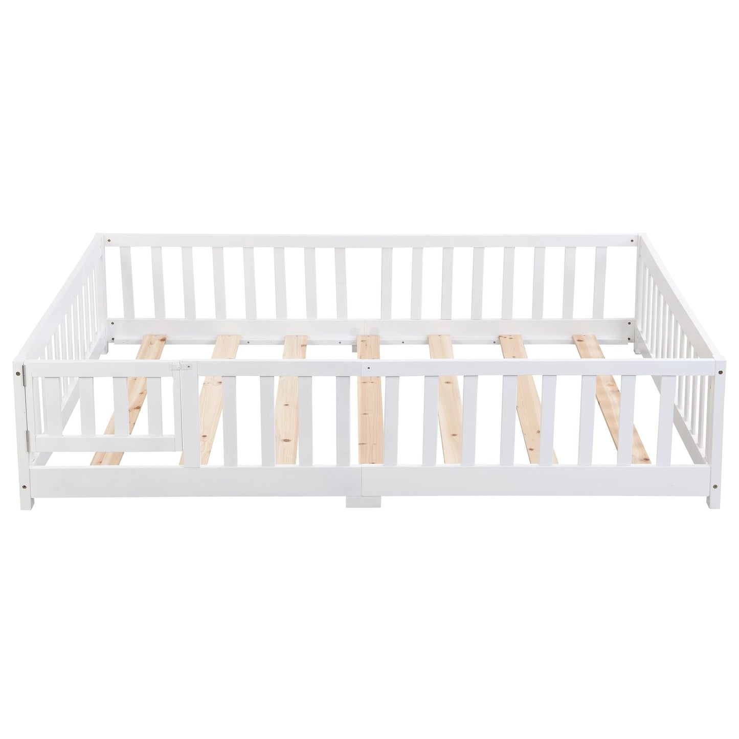 Full Size Floor Bed with Door, Solid Wood Platform Bed Frame with Fence, Suitable for children, Pine Wood