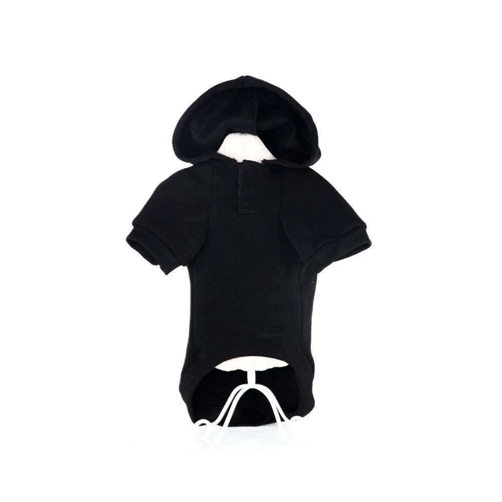 Black hooded pet sweater, pullover style, back view