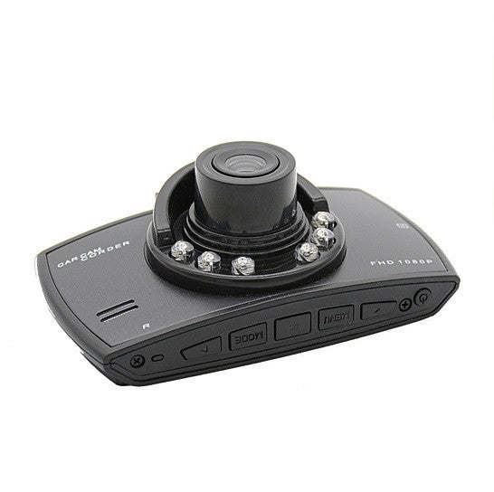Car dash camcorder with centered lens on a control panel with buttons