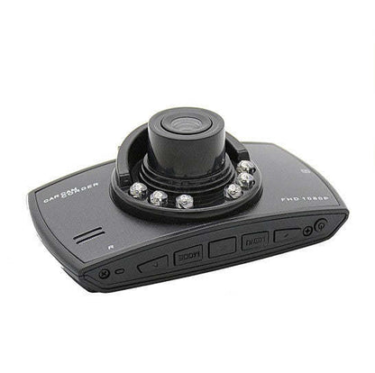 Car dash camcorder with centered lens on a control panel with buttons