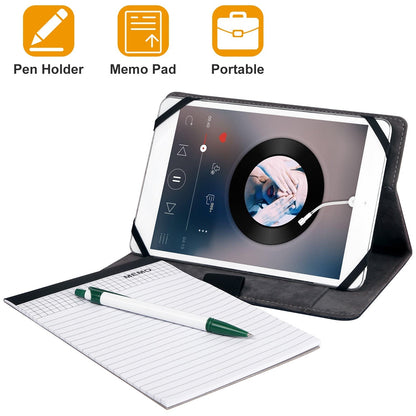 Black tablet padfolio case with stand, pen holder and memo notebook pages