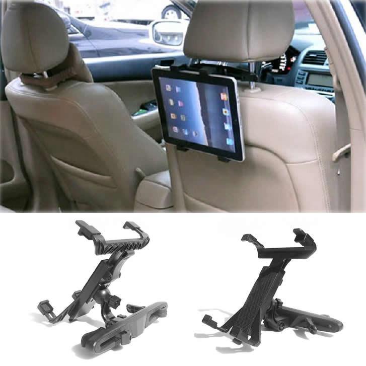 Car headrest tablet stand with adjustable clamp, holding a black tablet in car