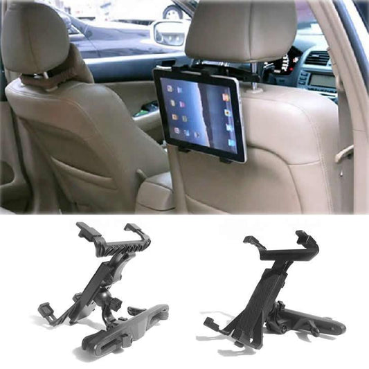 Car headrest tablet stand with adjustable clamp, holding a black tablet in car