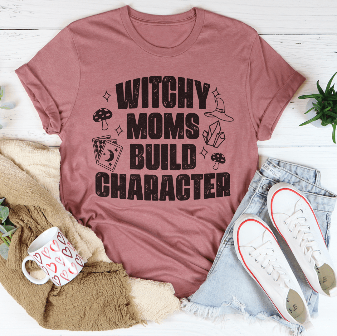 Mauve graphic T-shirt with witchy mom build character typography